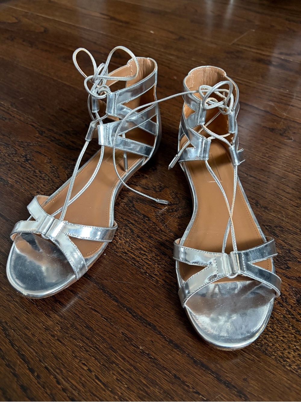 Aquazzura Silver Lace-Up Bow Gladiator Sandals